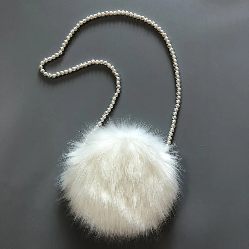 Women's Rabbit Hair Winter Bag with Pearl Shoulder Strap