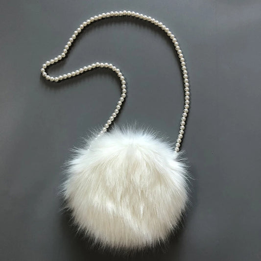 Women's Rabbit Hair Winter Bag with Pearl Shoulder Strap