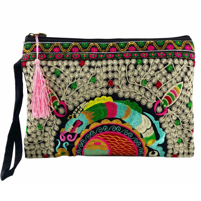 BOHO Double sided embroidery women wallet canvas lagre size purses