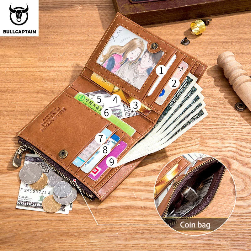 Men's Leather Wallet Vertical Folding Retro Top Layer Cowhide Zipper Purse