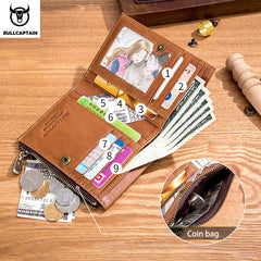 Men's Leather Wallet Vertical Folding Retro Top Layer Cowhide Zipper Purse