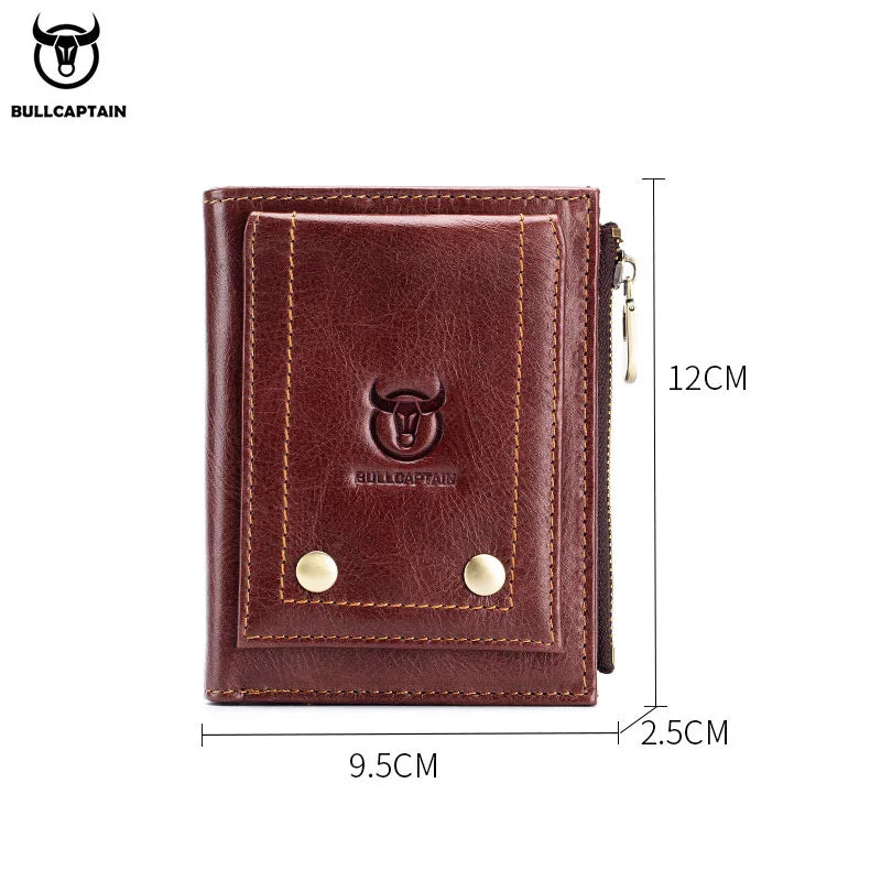 Men's Leather Wallet Vertical Folding Retro Top Layer Cowhide Zipper Purse