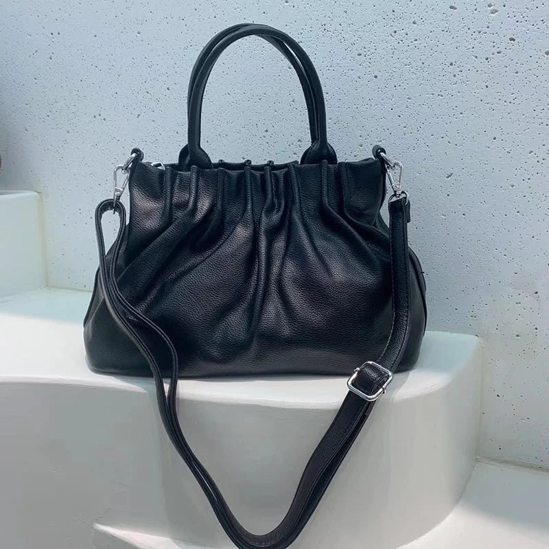 Women Pleated Bucket Handbag Casual Shoulder Messenger Bag