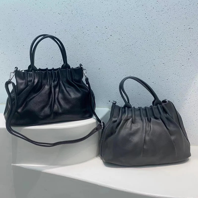 Women Pleated Bucket Handbag Casual Shoulder Messenger Bag