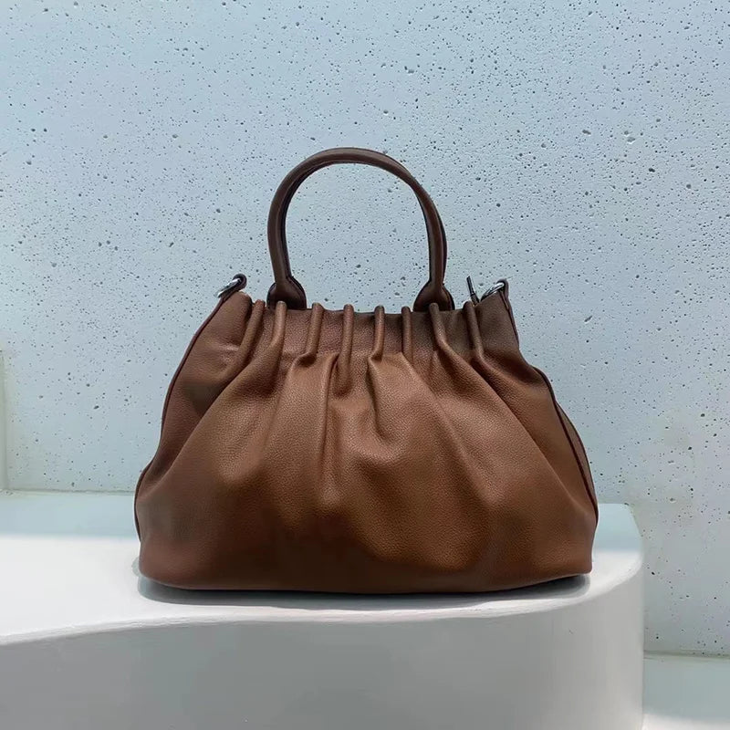Women Pleated Bucket Handbag Casual Shoulder Messenger Bag