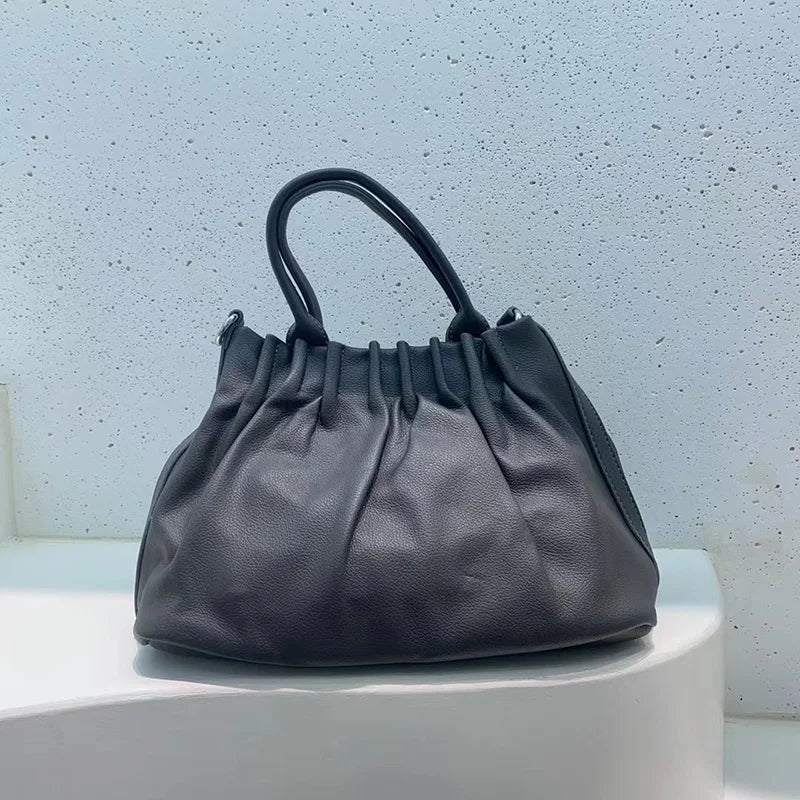 Women Pleated Bucket Handbag Casual Shoulder Messenger Bag