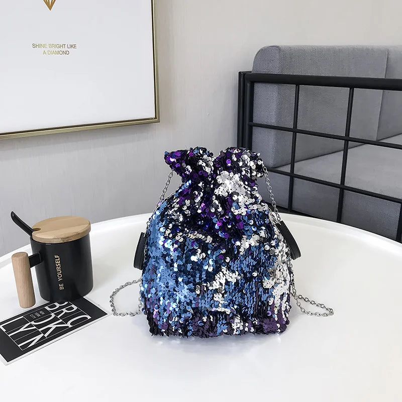 Sequin Bucket Handbag Chain Shoulder Crossbody Bag Female