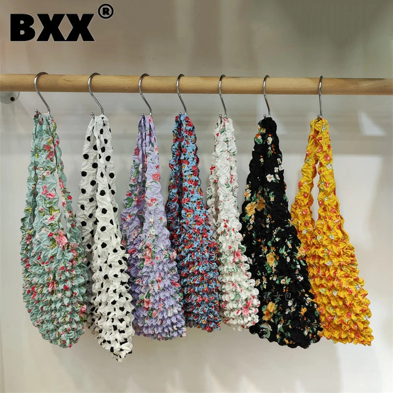 Retro Flowers Pleated Handbags Portable Beach Vacation Shoulder Bags