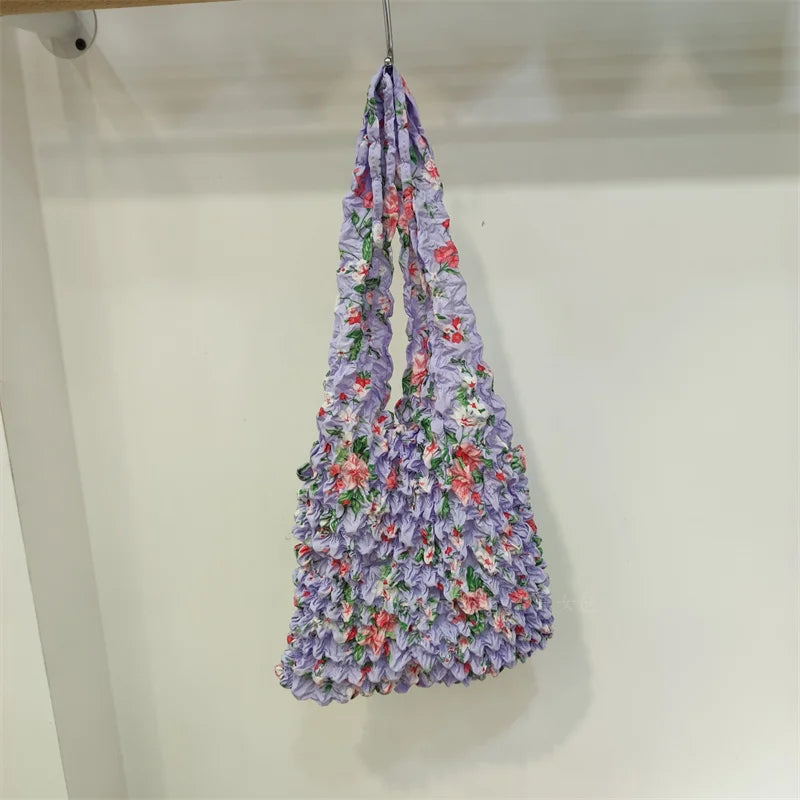 Retro Flowers Pleated Handbags Portable Beach Vacation Shoulder Bags