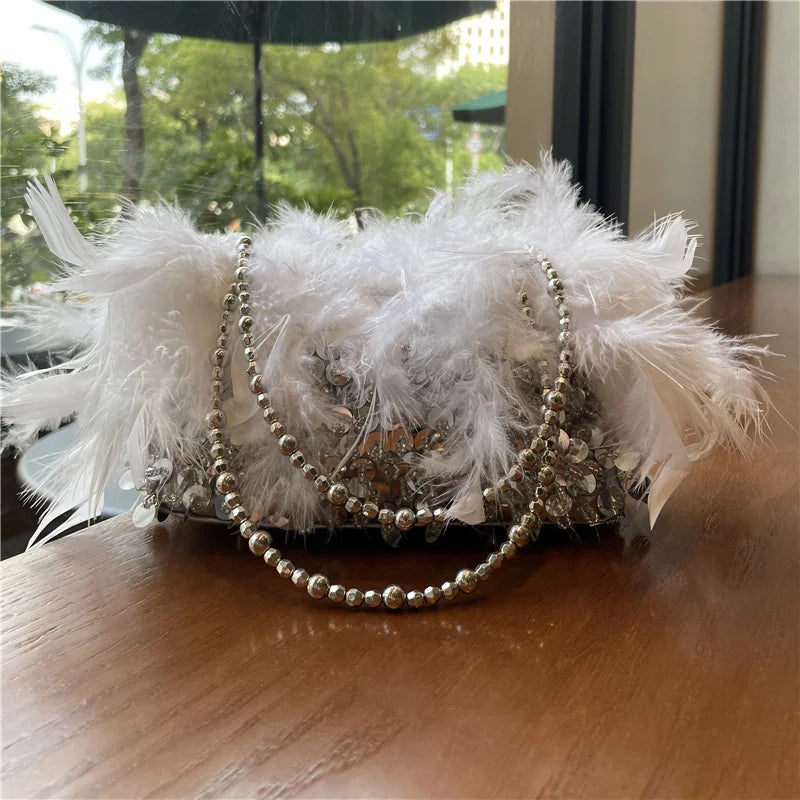 Feathers Evening Wedding Handbags For Women Sequin Clutch Bags