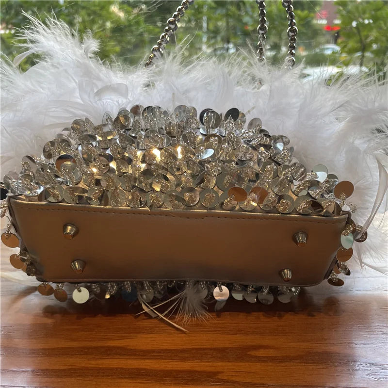 Feathers Evening Wedding Handbags For Women Sequin Clutch Bags