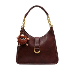 Vintage Metal Chain Bucket Bags For Women High Solid PU Leather Handbag