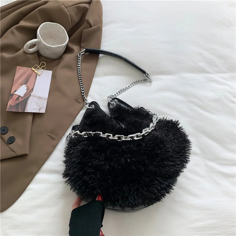 Solid Plush Bucket Shoulder Crossbody Bag Metal Chain Messenger Shopping 8Q0139