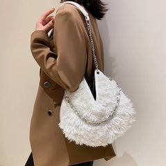 Solid Plush Bucket Shoulder Crossbody Bag Metal Chain Messenger Shopping 8Q0139