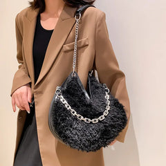 Solid Plush Bucket Shoulder Crossbody Bag Metal Chain Messenger Shopping 8Q0139