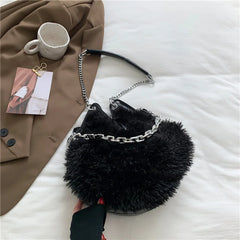 Solid Plush Bucket Shoulder Crossbody Bag Metal Chain Messenger Shopping 8Q0139