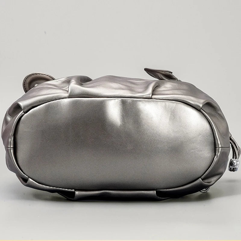 Metallic Gray Laser Leather Pattern Drawstring Bag Crossbody Shoulder Bag