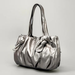 Metallic Gray Laser Leather Pattern Drawstring Bag Crossbody Shoulder Bag