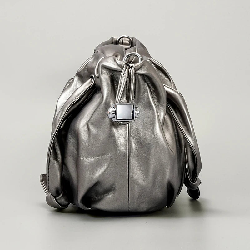 Metallic Gray Laser Leather Pattern Drawstring Bag Crossbody Shoulder Bag