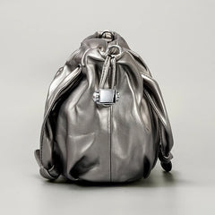 Metallic Gray Laser Leather Pattern Drawstring Bag Crossbody Shoulder Bag