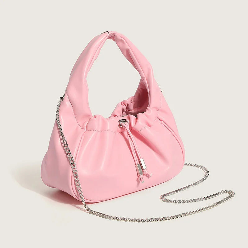 Solid Pleated PU Leather Handbag Chain Travel Shoulder Crossbody Bag