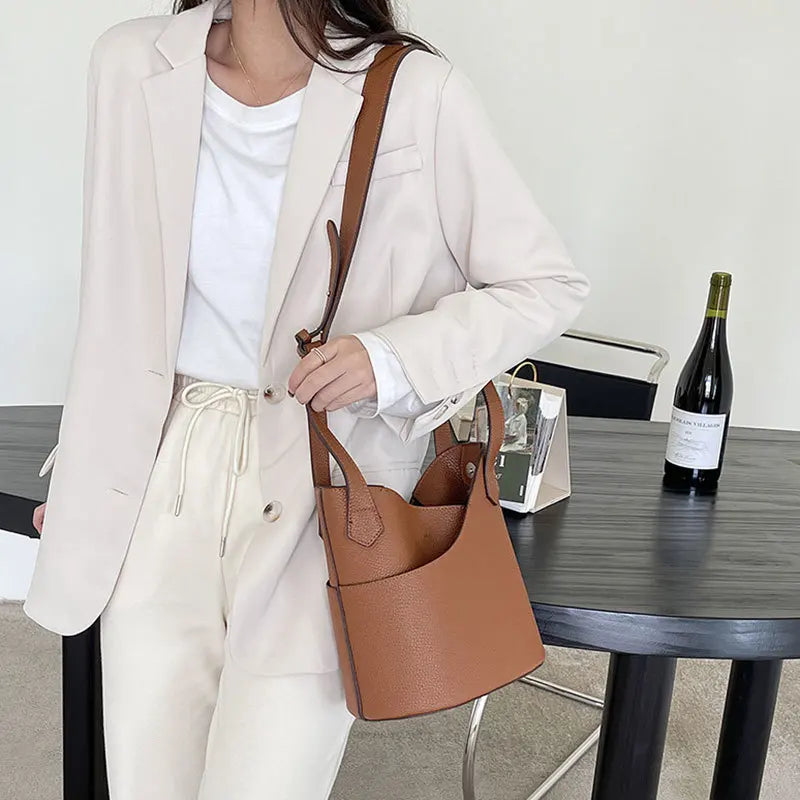 Large Capacity PU Leather Women's Bucket Bag Shopping Shoulder Crossbody Bags