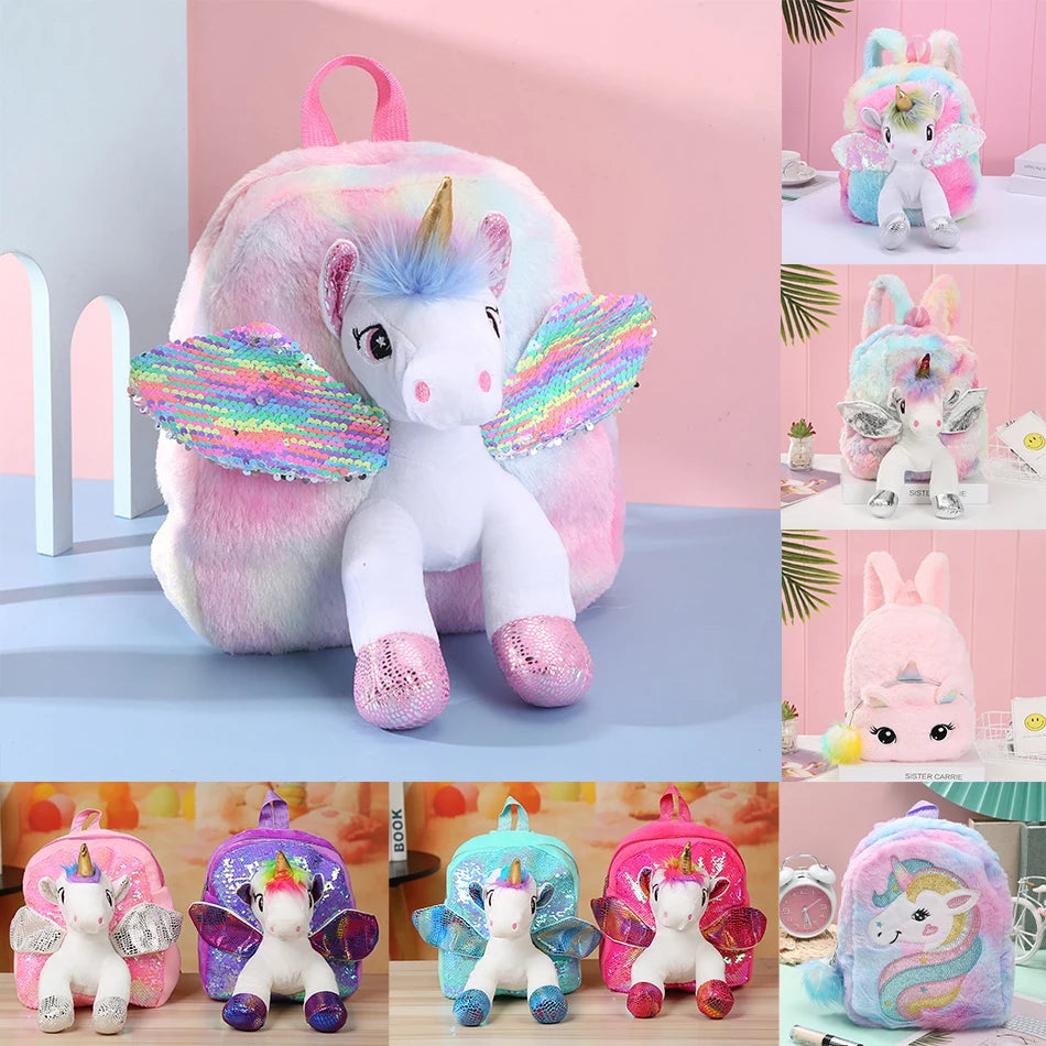 Baby Girl Unicorn Fur Backpack Zipper Schoolbag Kid Toy Doll Plush Bag