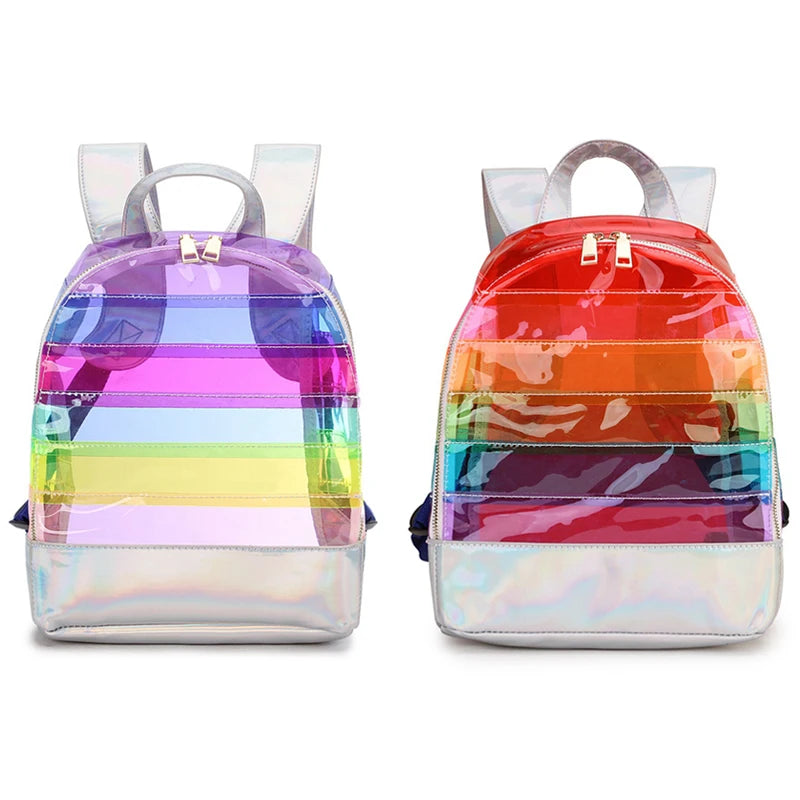 Striped Plastic Transparent Backpack Ladies Travel Bag