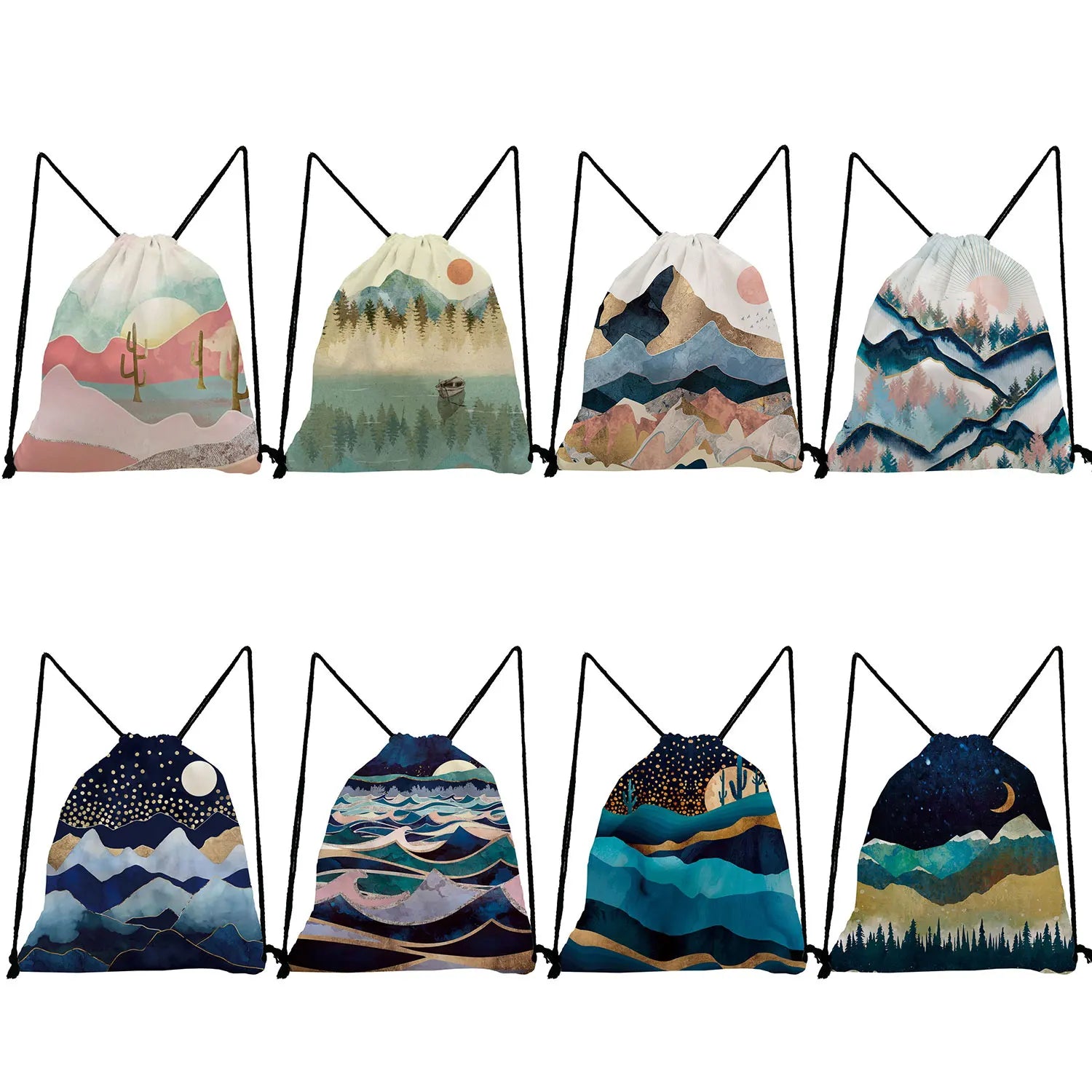 Drawstring Backpack Bag High Capacity Mountain Forest Print Portable