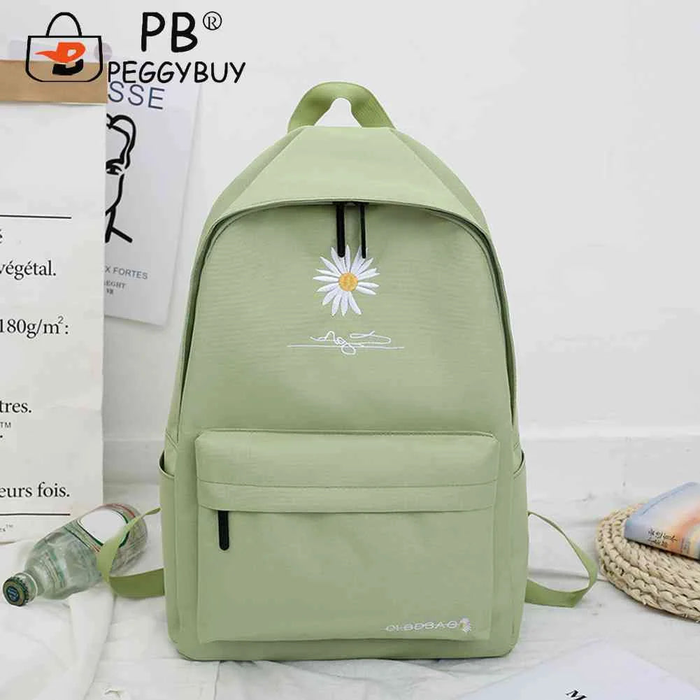 Casual Canvas Book Backpack Green Daisy Embroidery Large Capacity