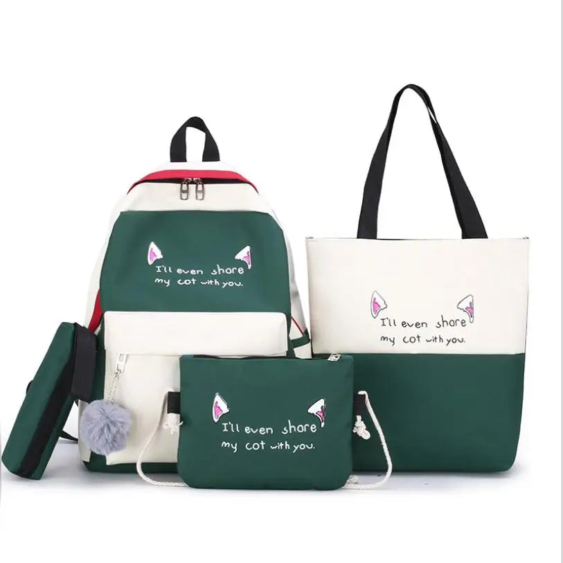 Canvas Student Backpack Junior High School Bag 4pcs Laptop Backpack