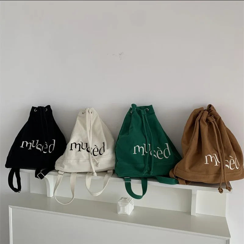 Embroidered Canvas Drawstring School Backpack for Women