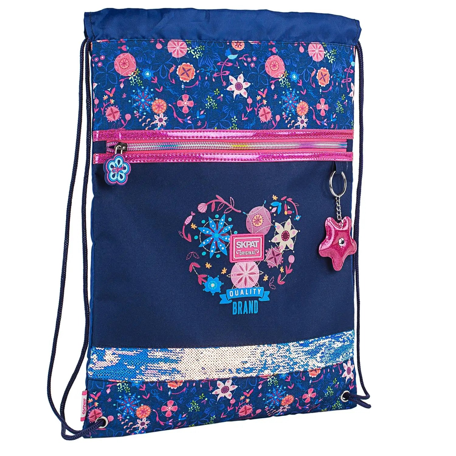 Sequined Gym Bag with Printed Handles & Keychain