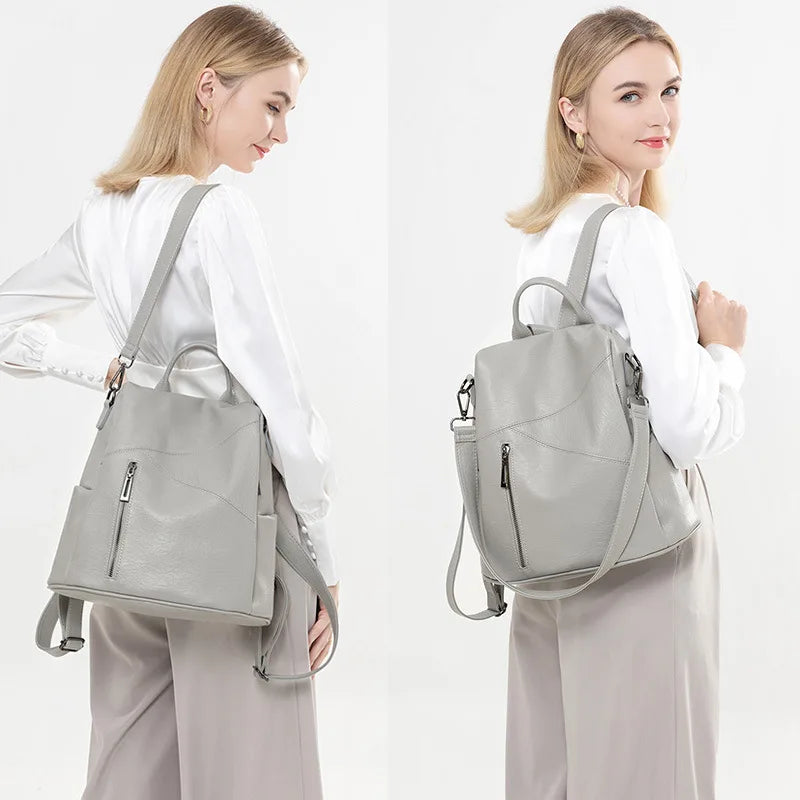 Women's Anti-Theft Leather Backpack Large Capacity Schoolbag