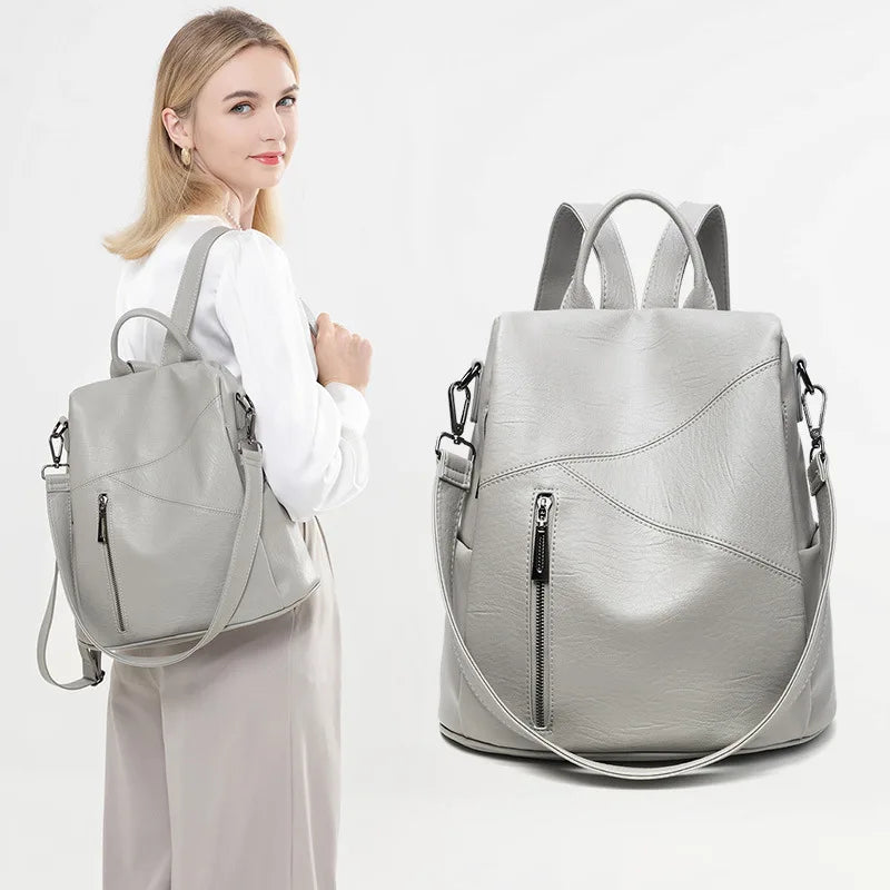 Women's Anti-Theft Leather Backpack Large Capacity Schoolbag