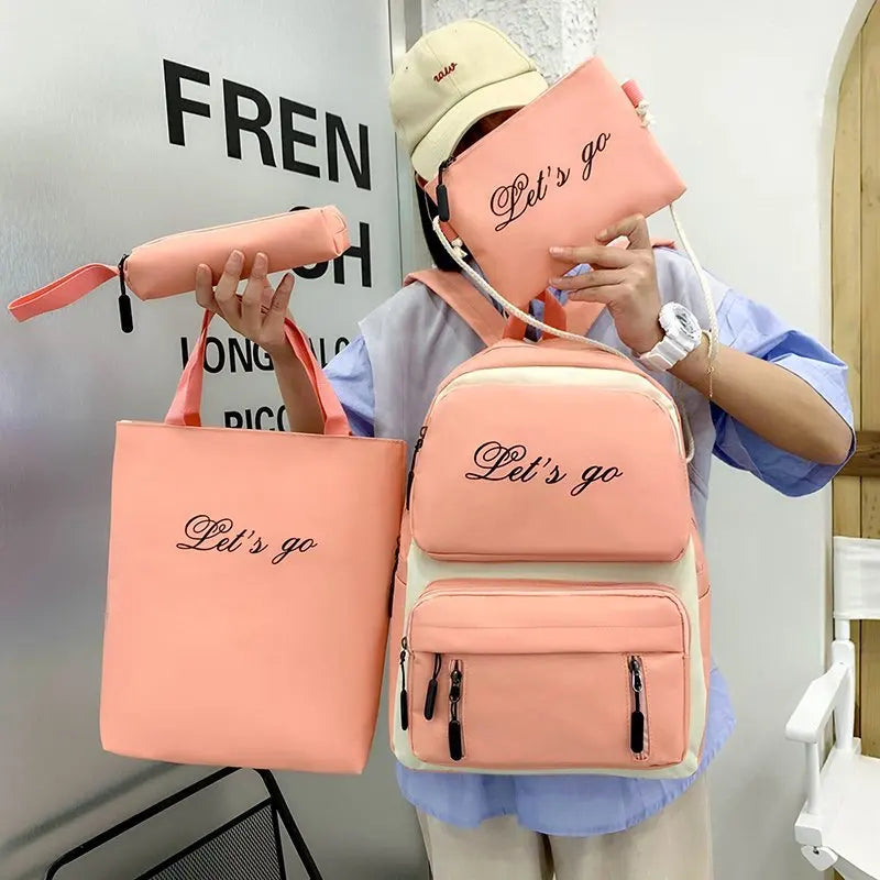 Canvas Women Backpack 4 Pcs Sets School Book Bags for Teenager Girls