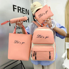Canvas Women Backpack 4 Pcs Sets School Book Bags for Teenager Girls