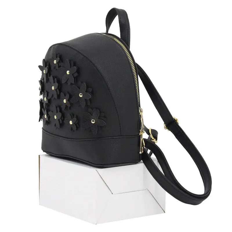 PU Leather Mini Backpack Flowers Decorated Soft Touch Casual Mochila