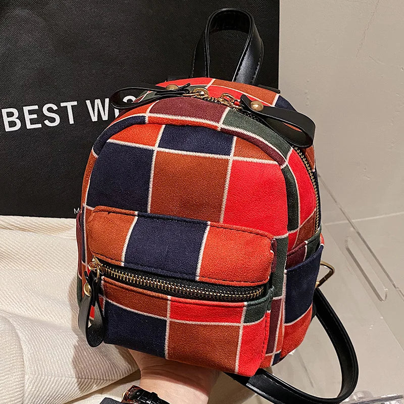 Canvas School Backpack Women Lattice Zipper Preppy College Style Small Shoulder