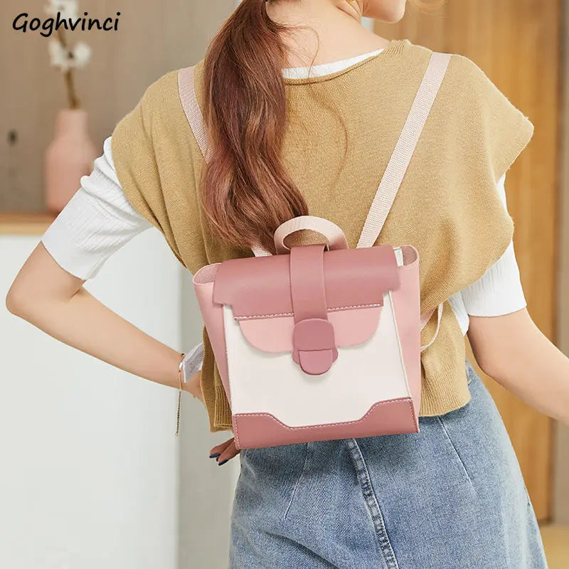 Pink Leather School Bag for Girls Teenage High Packbag