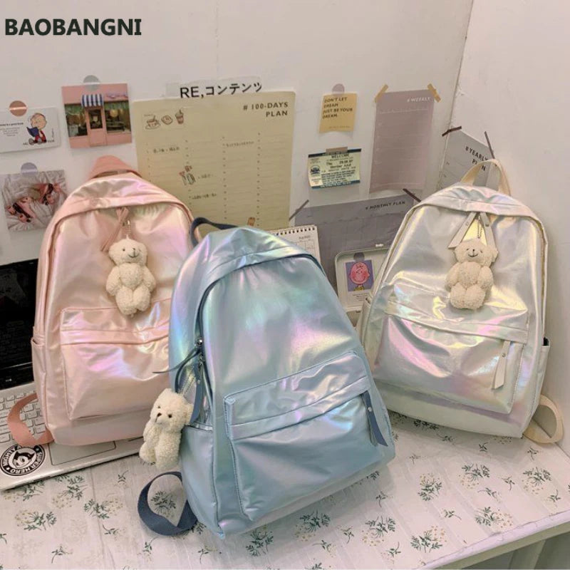 Reflective Girls Pink School Backpack Harajuku All-match Large Capacity PU Bag
