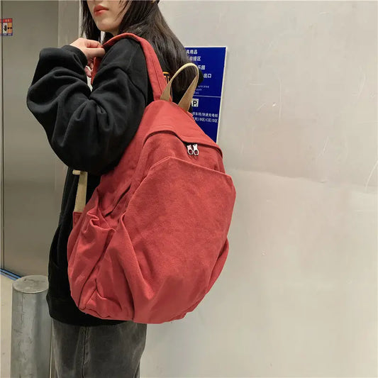 Canvas College Style Backpack Women Large Capacity Solid Zipper School Bag
