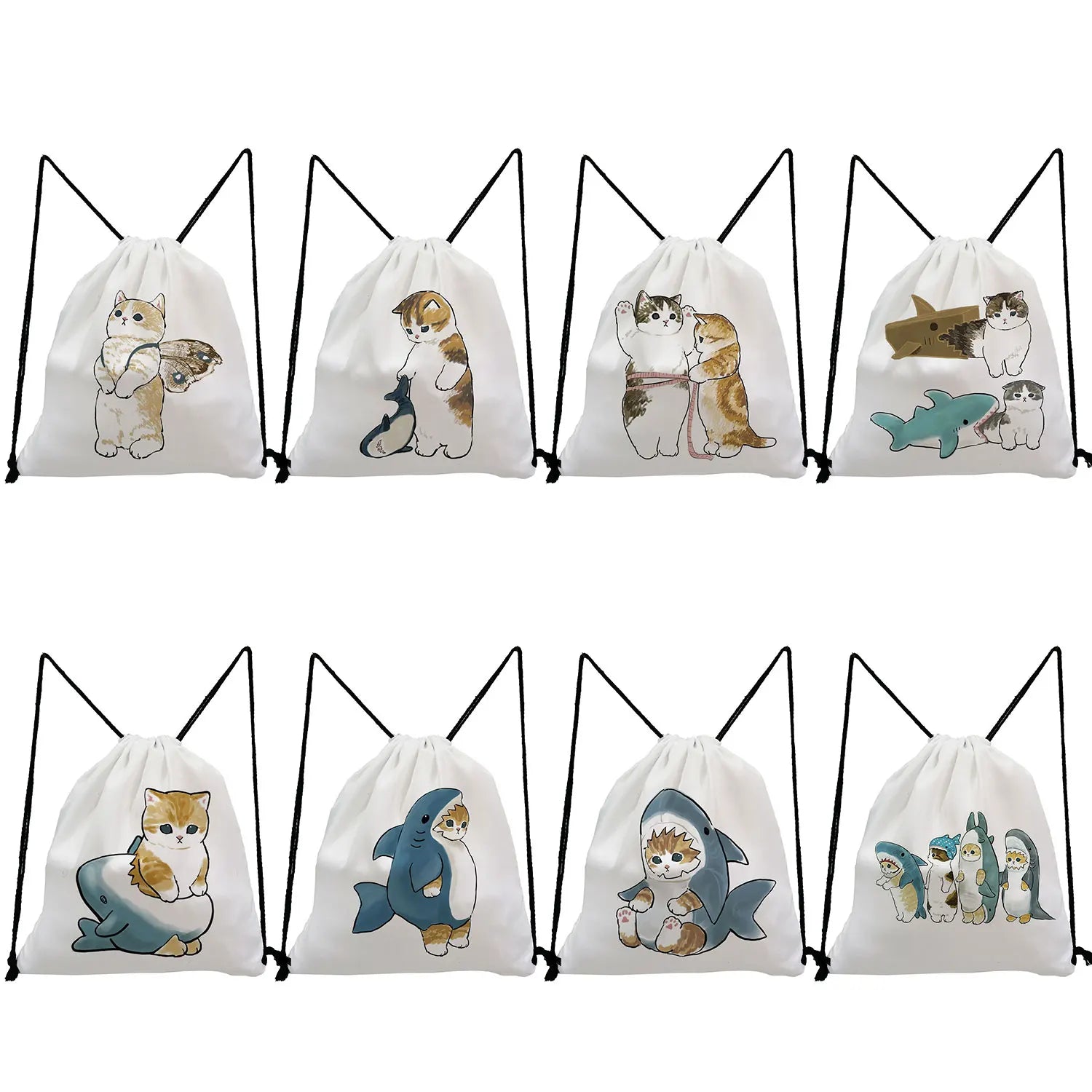 Student Casual Animation Backpack Drawstring Pocket Cat Shark Print