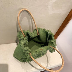 Canvas Shoulder Bag Large Capacity Tote Bag with Tassel for Women