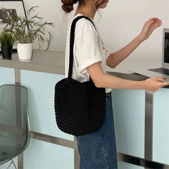 Vintage Knitted Yarn Drawstring Canvas Shoulder Bag