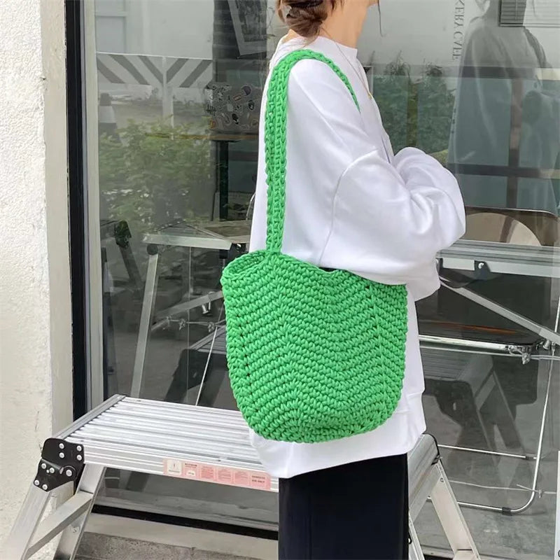 Vintage Knitted Yarn Drawstring Canvas Shoulder Bag