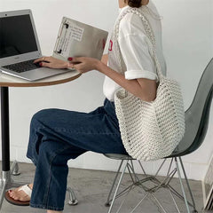 Vintage Knitted Yarn Drawstring Canvas Shoulder Bag