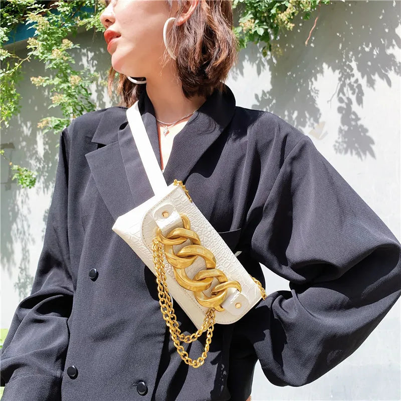 Chain Buckle Shoulder Strap Messenger Phone Bag PU Leather Waist Bag Women