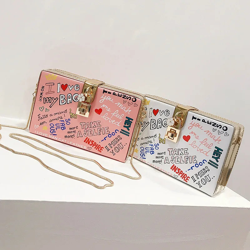PU Leather Box Bag Chain Shoulder Graffiti Messenger Bag