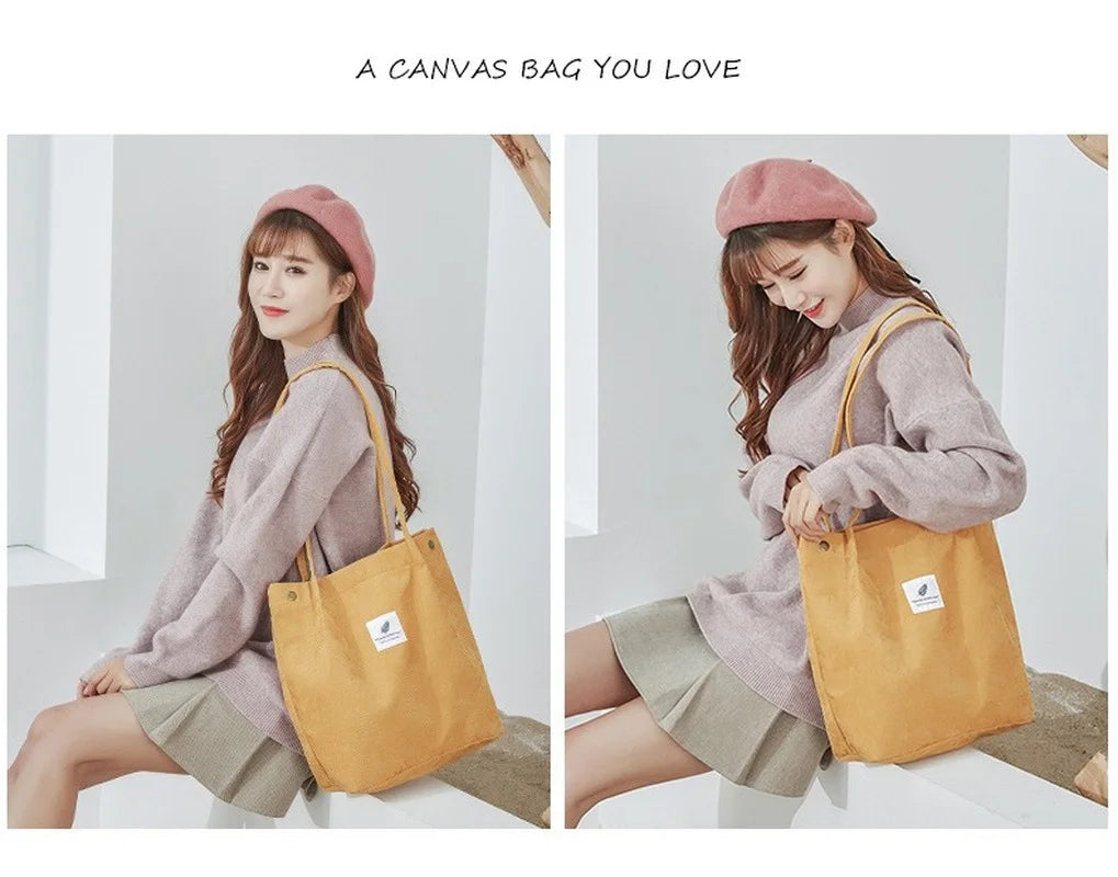 Corduroy Shoulder Bag Multi-functional Pocket Reusable Handbag